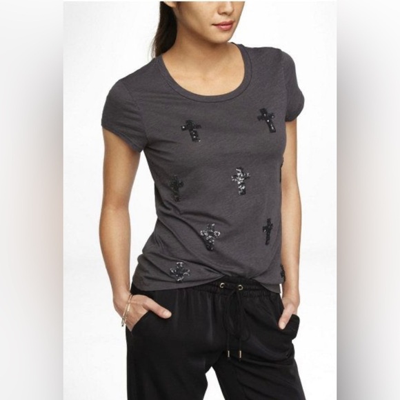 Express Scoop Neck Sequins Cross Tee XS Gray Women's - Picture 1 of 6